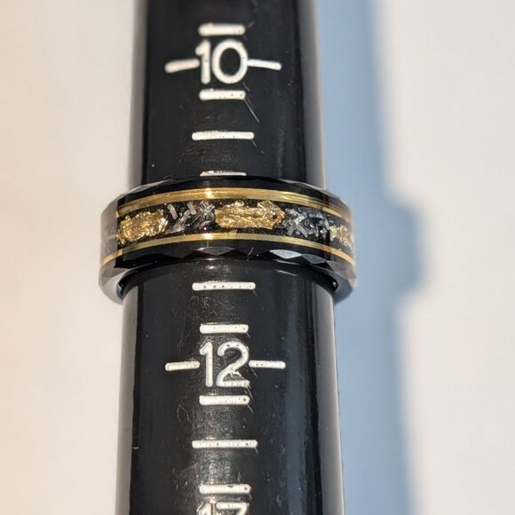 Black Tungsten Ring with Gold Leaf Meteorite Inlay Size 11 - Picture 1 of 10